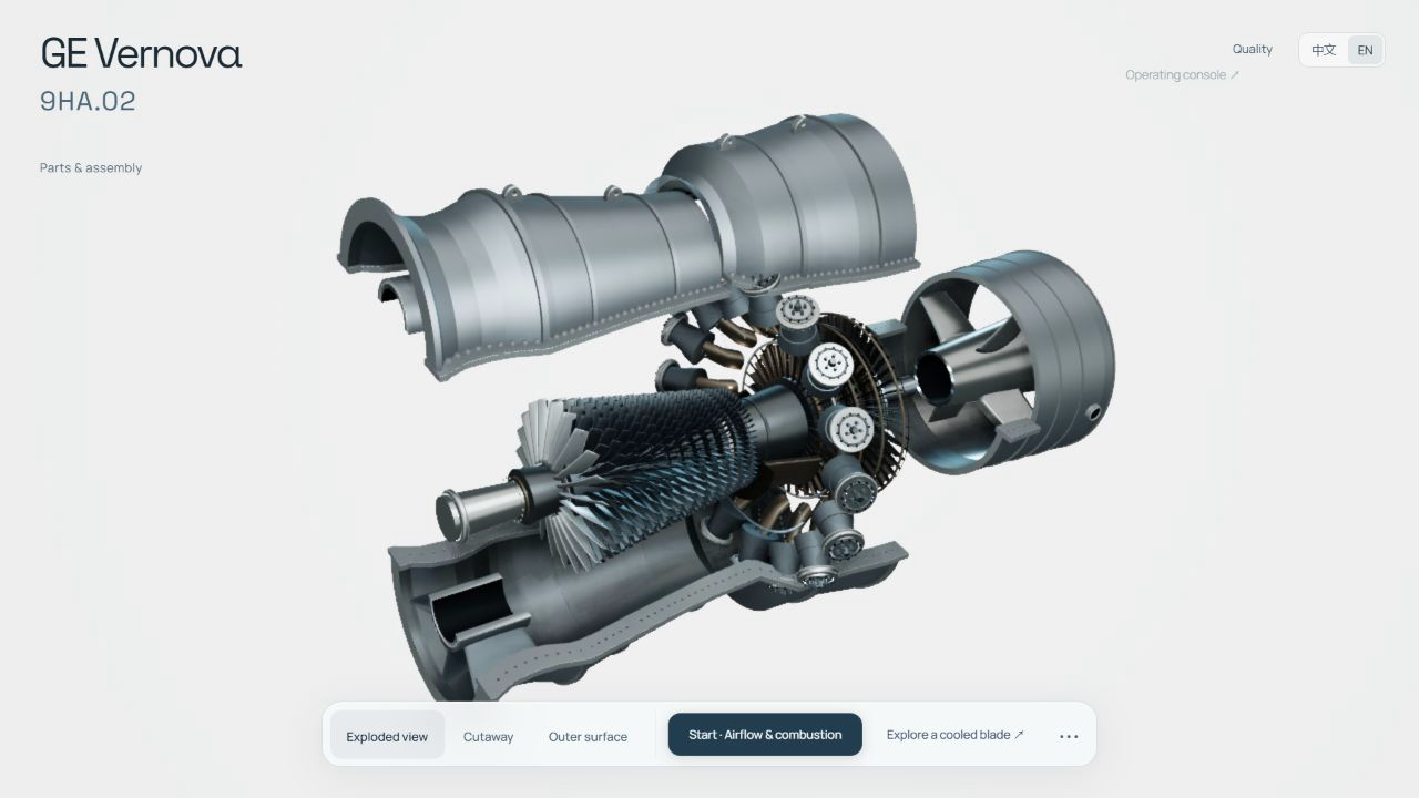 Exploded gas turbine assembly on a light studio background